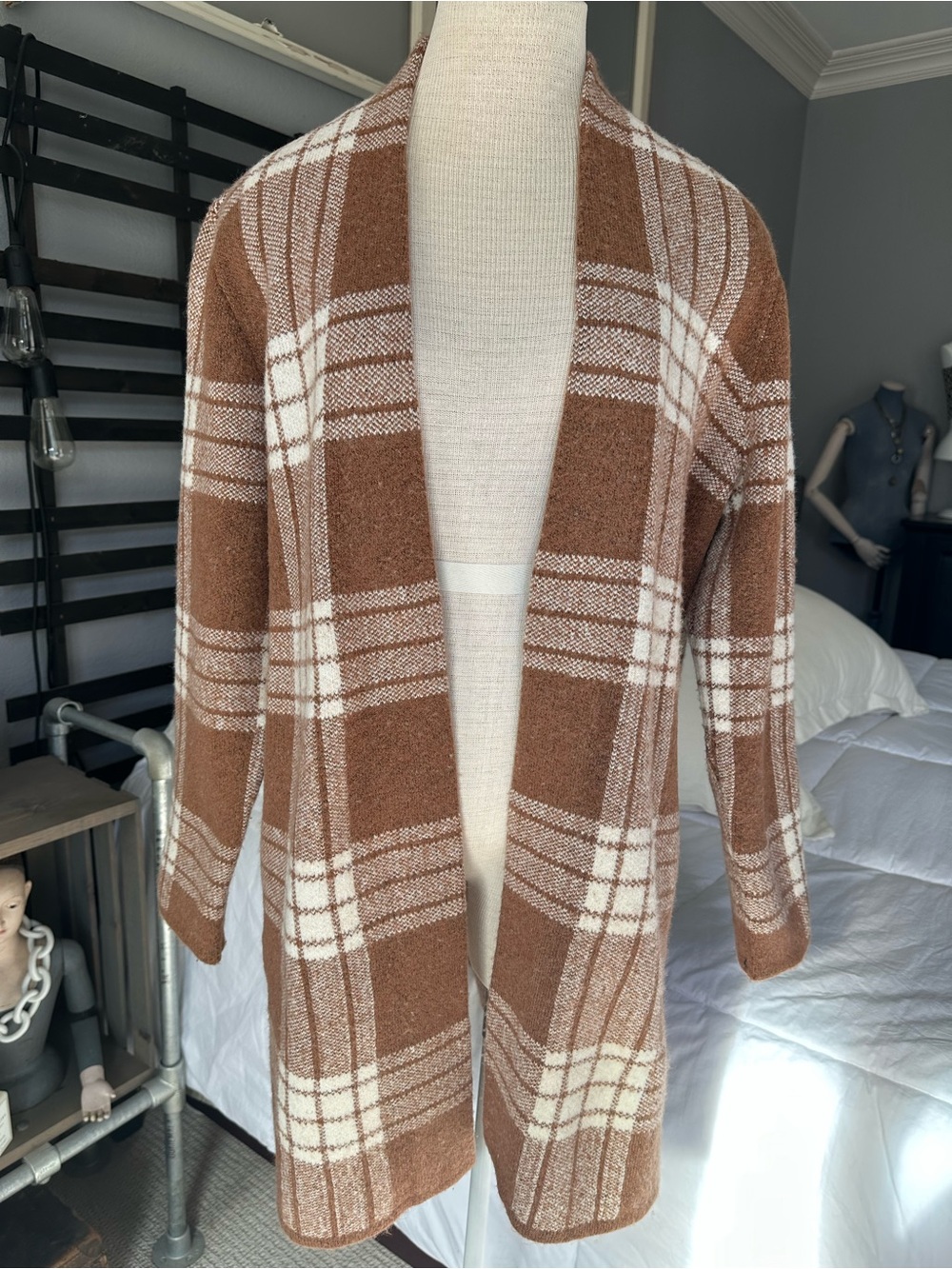 Talbots Plaid Open-Front Cardigan brown and cream size large